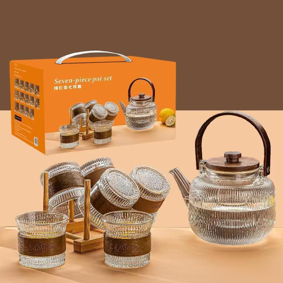 Glass tea set, vertical pattern handle pot, water set, office and household cups and POTS, creative souvenirs wholesale