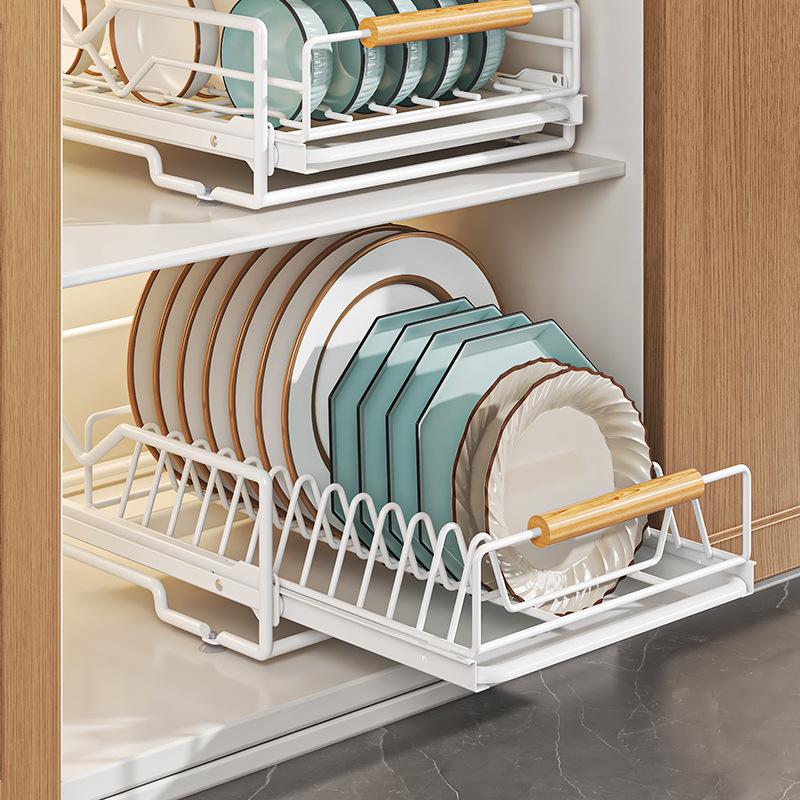 Kitchen dish pull-out storage rack, dish cabinet pull-out basket, drawer-type dish placement, sink draining, dish storage rack