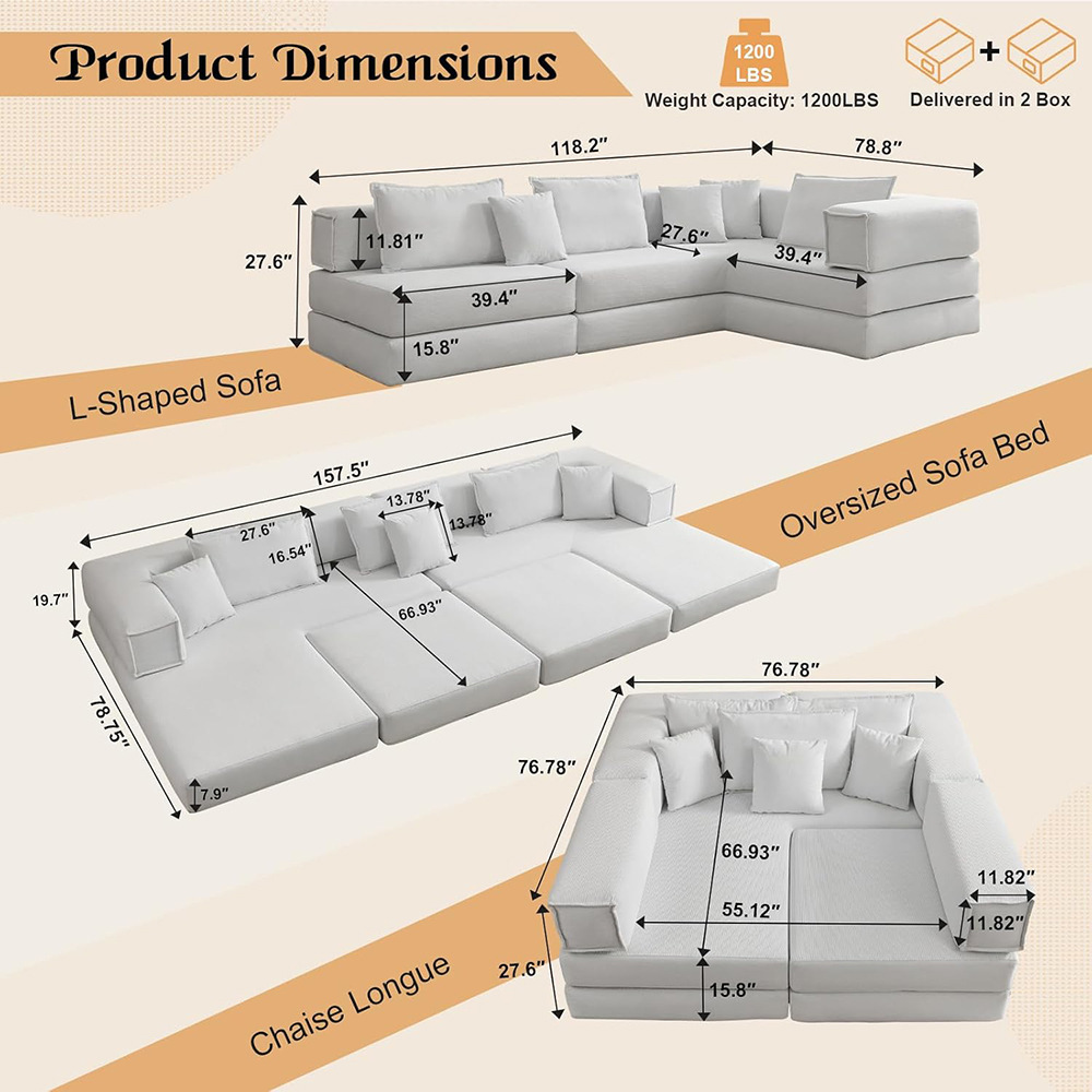 The large-sized double-layer fabric sofa bed for the simple living room can be compressed, disassembled, washed, spliced and combined, and is a folding sofa bed Specification image