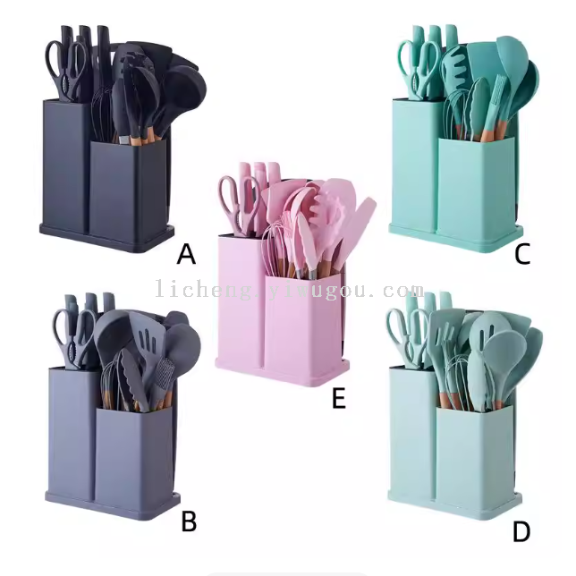 19具件套厨具套刀硅胶组品合厨具铲子勺筒麦秆硅胶硅胶19件厨礼套白底实物图