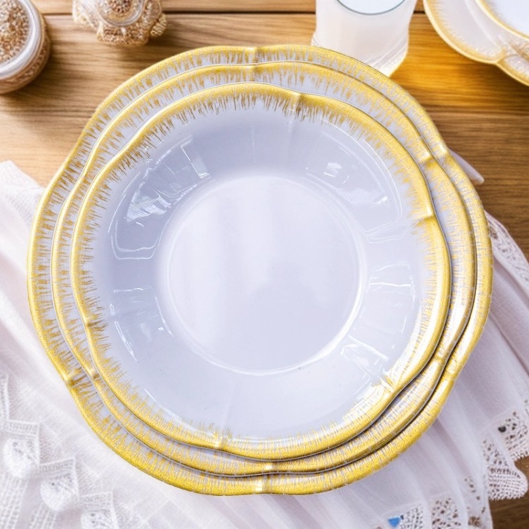 Melamine melamine tableware, melamine plates, round corrugated plates, 5-inch, 6-inch, 7-inch, 8-inch, 9-inch decal gold-edge bowls and plates Item Picture