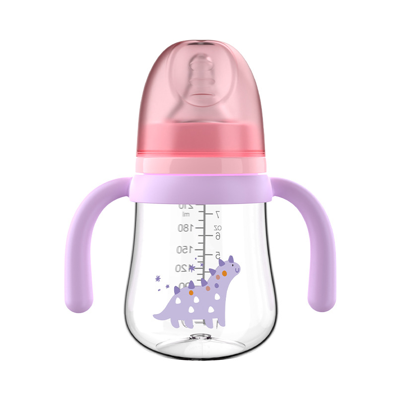 宝宝带手柄奶瓶仿母乳婴儿奶瓶PP奶瓶无吸管学饮防呛奶瓶断奶神器白底实物图