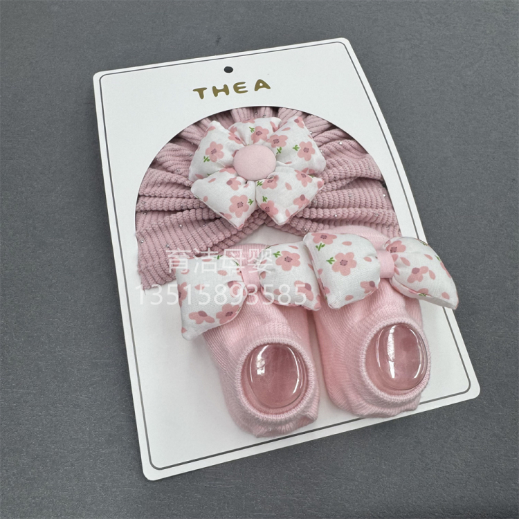 Princess of foreign trade supply, cute baby hat and sock set, Korean-style baby girl fontanelle protection hood, cute flowers Specification image