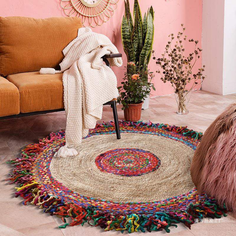 Rainbow-style Indian jute pure cotton mixed woven round tassel carpet, ethnic style ins sofa bedroom floor mat