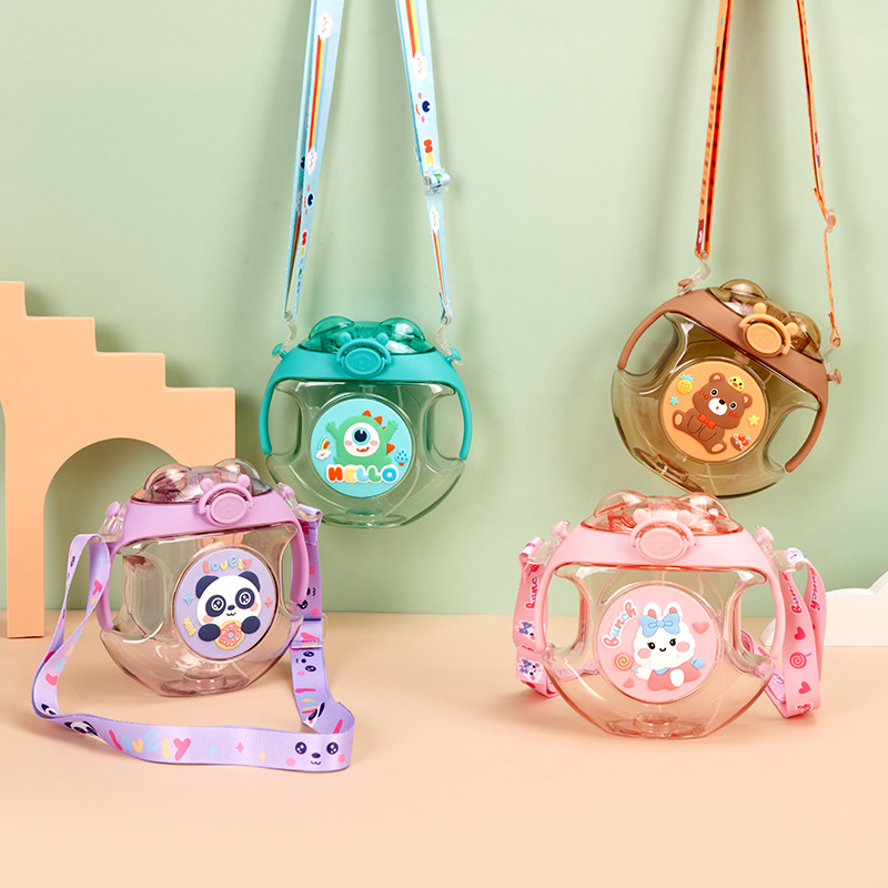 创意卡通甜甜圈透明喷雾闪光吸管塑料杯儿童带手柄吊带提绳便携