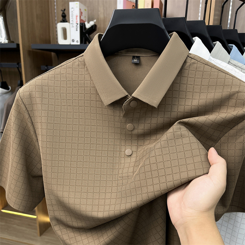 Middle-aged and elderly men's seamless short-sleeved T-shirt, casual and fashionable lapel half-sleeved top, checked polo shirt, dad's summer outfit Specification image