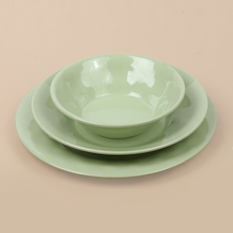 绿色日式手绘陶瓷碗盘套装可爱餐具18件装
