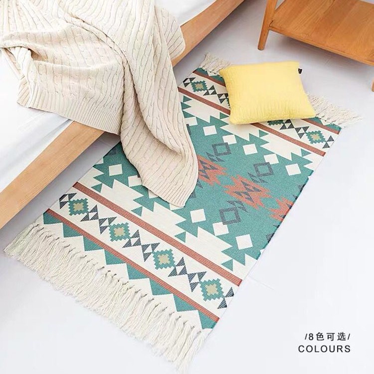 Nordic coffee table, cotton thread woven tassel floor mat, simple bedroom carpet, bedside blanket, living room bay window mat, office details Picture