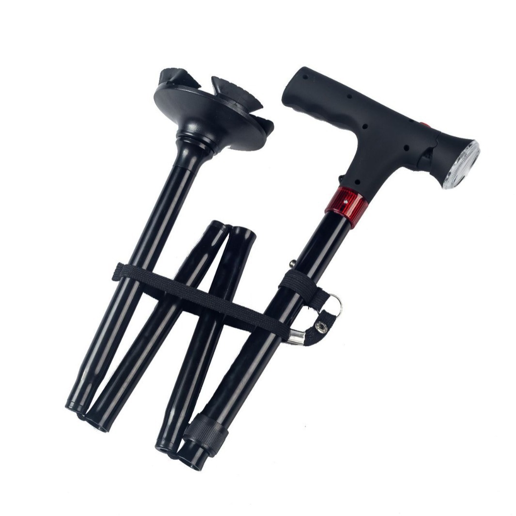 Foldable walking stick, English packaging, LED light alarm function, aluminum alloy four-legged trekking stick details Picture