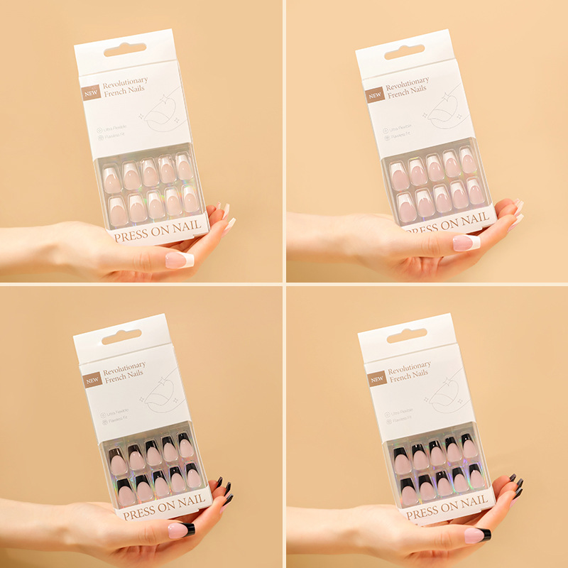 工厂直销黑色白色法式穿戴甲2023年高级平甲美甲店美甲甲片盒装产品图