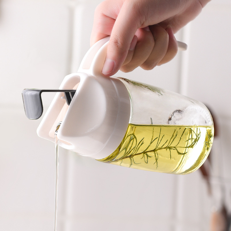 Automatic opening and closing glass oil pot with handle, funnel without wall sticking, seasoning bottle, kitchen organizing supplies