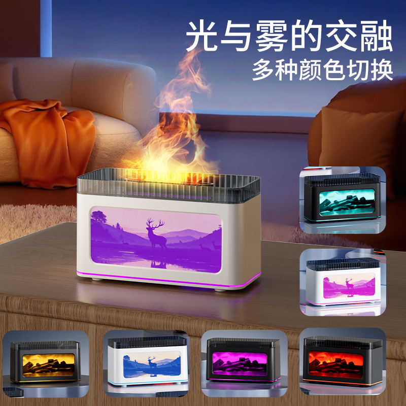 New 5V mini aroma diffuser, elk fireplace, charcoal fire, multi-color pattern flame, silent ambient light, aroma diffuser and humidifier Specification image