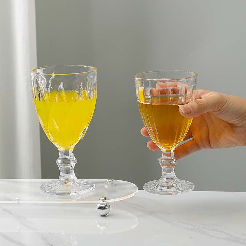 高档加厚浮雕玻璃果汁杯创意浮雕水杯茶杯家用餐桌水晶高脚甜品杯细节图