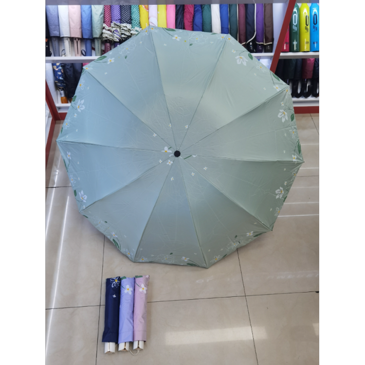 New three-fold black vinyl all-weather sun umbrella, ladies' small flower umbrella, sun protection and UV protection gift umbrella