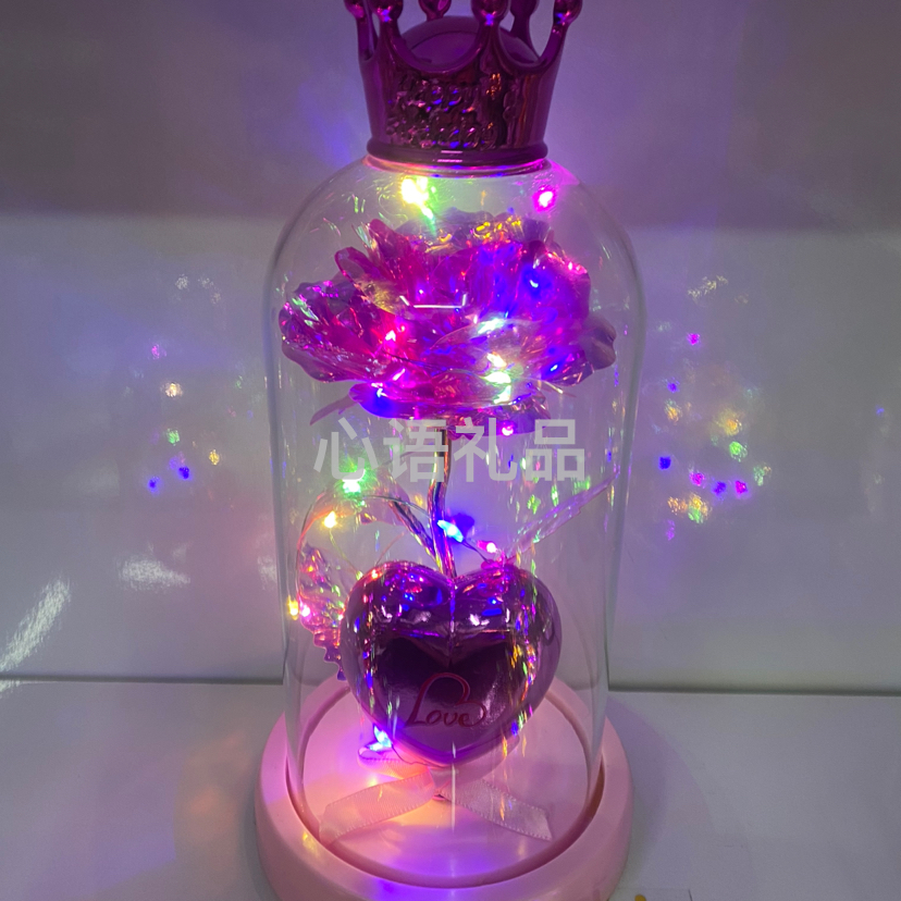 节日礼物爆款产品，镀金彩色皇冠玻璃罩玫瑰灯、礼物必备