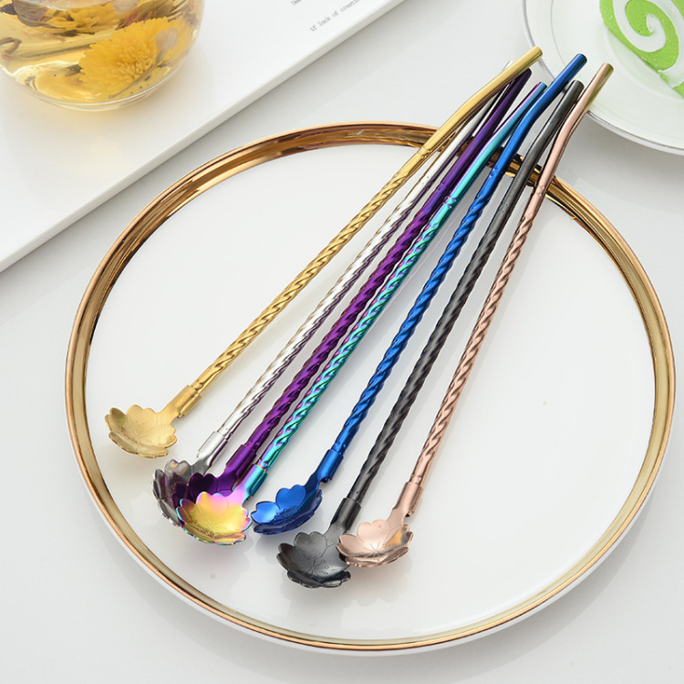 Stainless steel creative flower-shaped straw spoon, summer beverage milk tea stirring straw spoon, dual-purpose wholesale