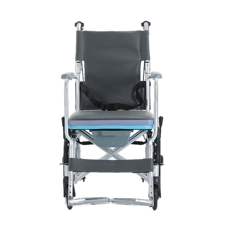 The aluminum alloy multi-functional wheelchair for the elderly can be used for bathing, has a toilet seat, and is lightweight and foldable. It is a manual trolley for the disabled Item Picture