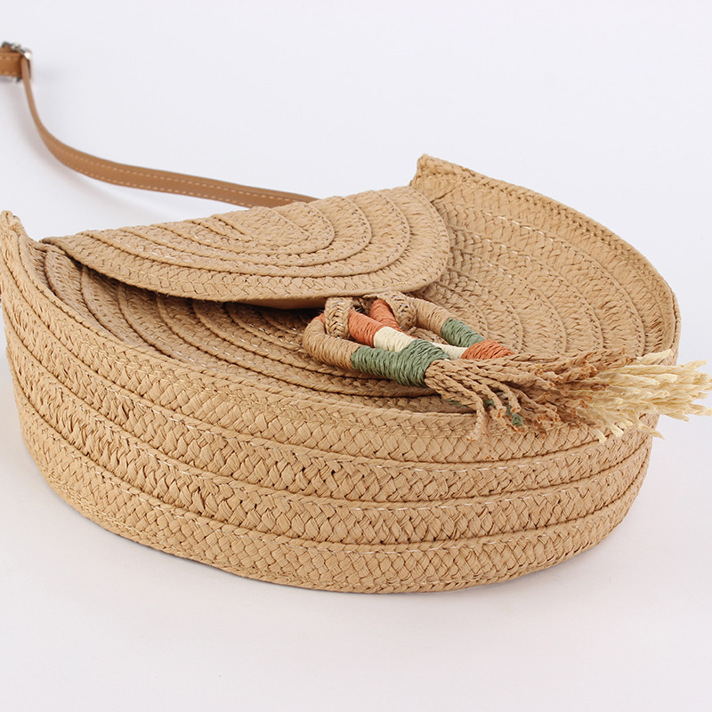 Retro paper rope tassel small round flat bag, cute and simple woven bag, solid color, versatile, travel and vacation crossbody women's bag Specification image