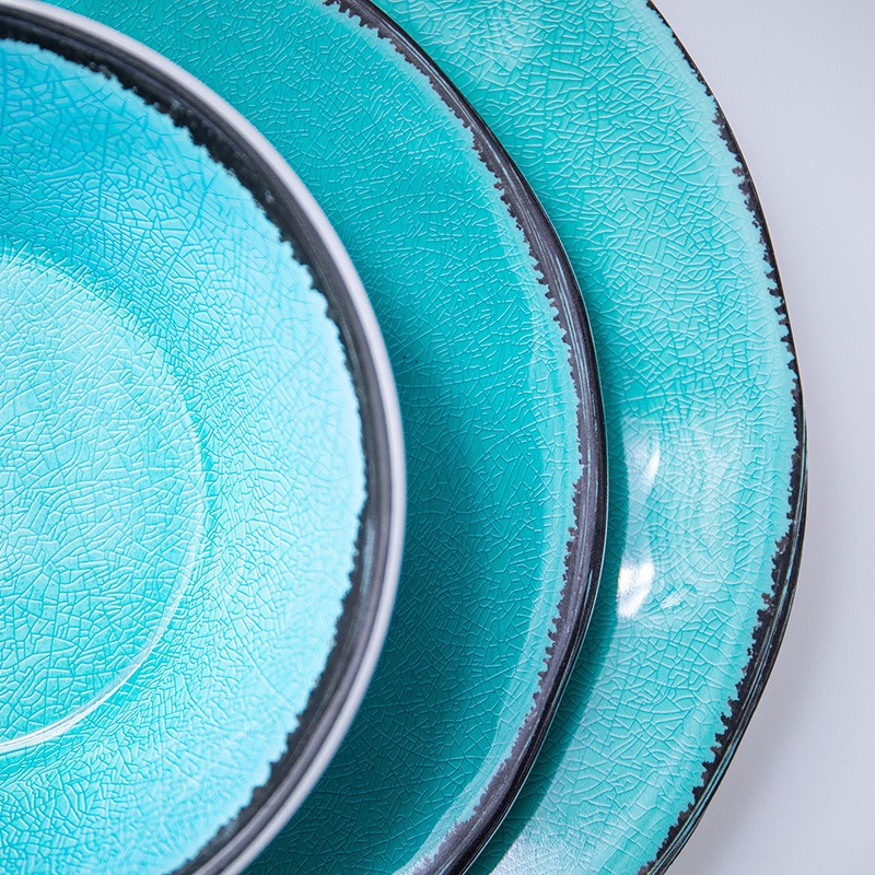 High-end blue and green ice-crack glazed plate and bowl set, creative melamine imitation porcelain tableware, restaurant plates and bowls details Picture
