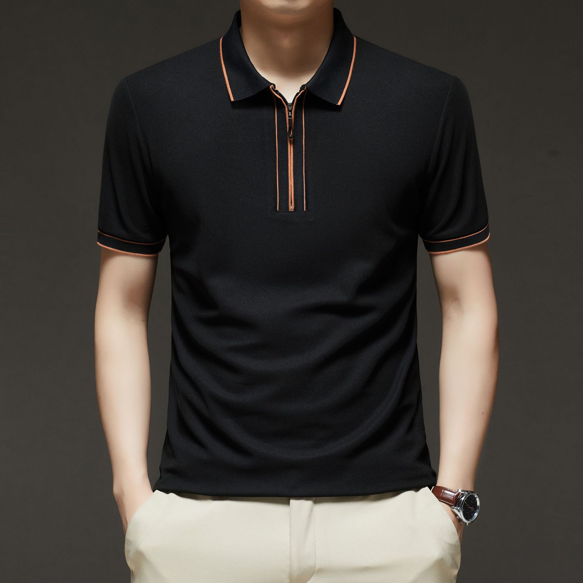 Men's half-zipper short-sleeved T-shirt 2025 Summer New men's business casual simple Breathable cool T-shirt for young people Item Picture