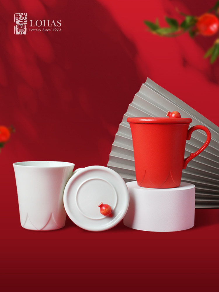 Lubao Flagship Store's Fugui Pomegranate lid cups, tea brewing cups, mugs, office drinking cups, flower tea cups, ceramic water utensils details Picture
