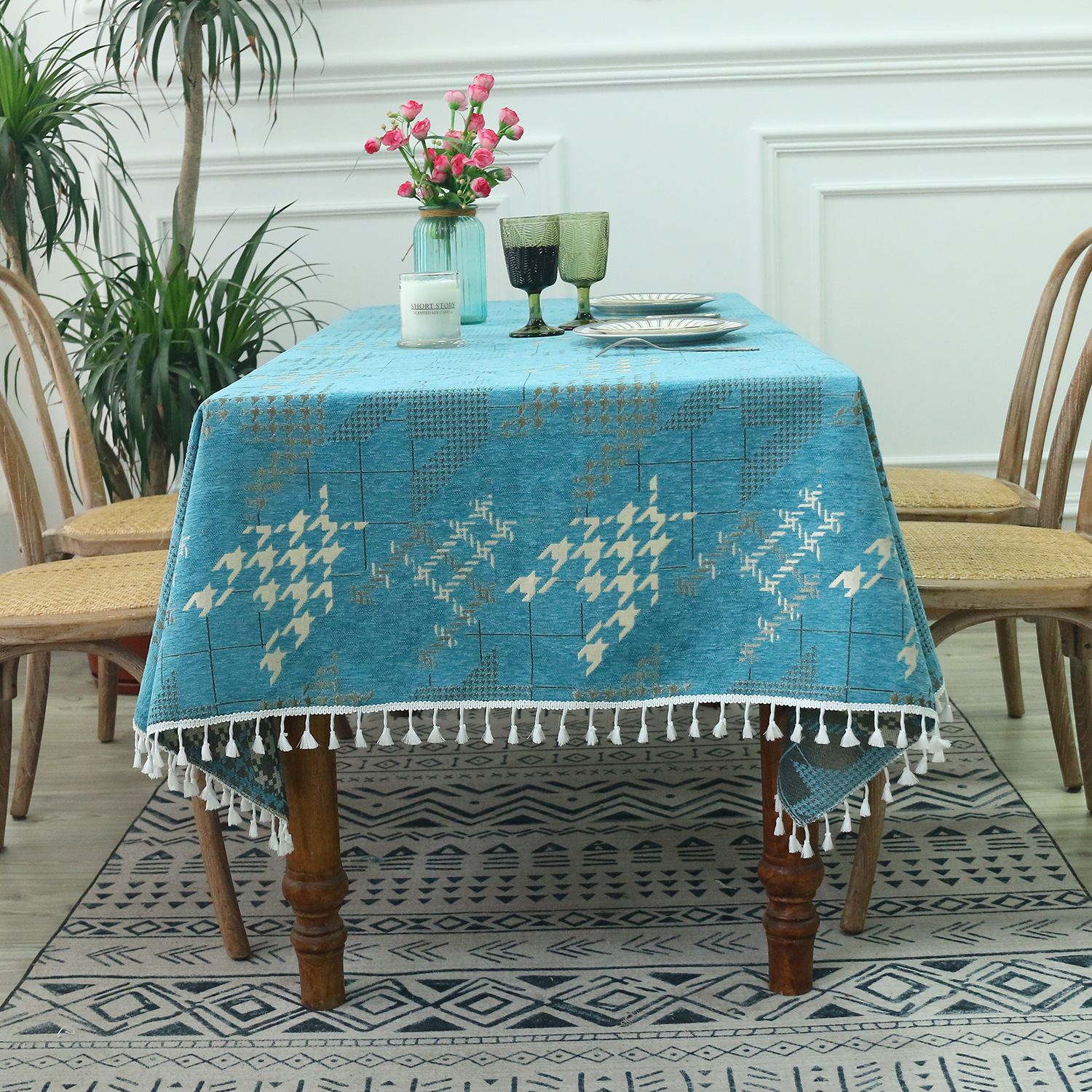 跨境轻奢桌子布仿棉麻提花千鸟格方桌布沙发茶几盖巾台布批发白底实物图