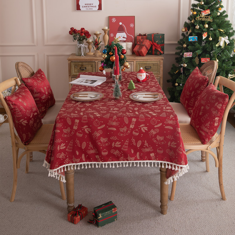 Cross-border Christmas red jacquard Christmas tree, bell, deer, tassel, tablecloth, coffee table, tablecloth, cover cloth, waterproof dropshipping Specification image