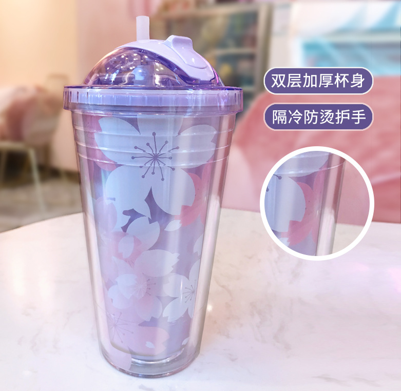 冰杯塑料水杯双层吸管随手杯女创意礼品定制批发塑料杯子可加LOGO