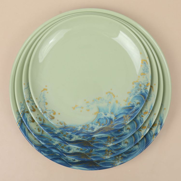 Melamine tableware, melamine bowls, imitation porcelain spoons, Cangshan Hai patterned series products, green bowls and spoons for restaurants and hotels, household use full figure