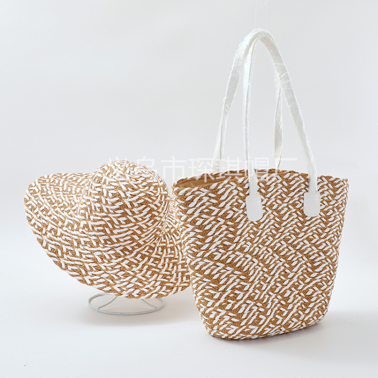 New cross-border women's large-capacity straw woven bag, straw hat, two-piece set, beach hat, beach bag, fashionable women's tote bag, foreign trade hat, women's straw woven beach