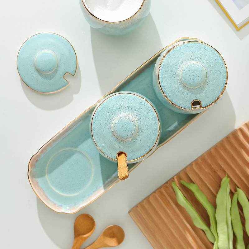 Japanese-style kitchen kiln transformation seasoning jar set, underglaze painted ceramic household seasoning box, salt and sugar seasoning bottle details Picture