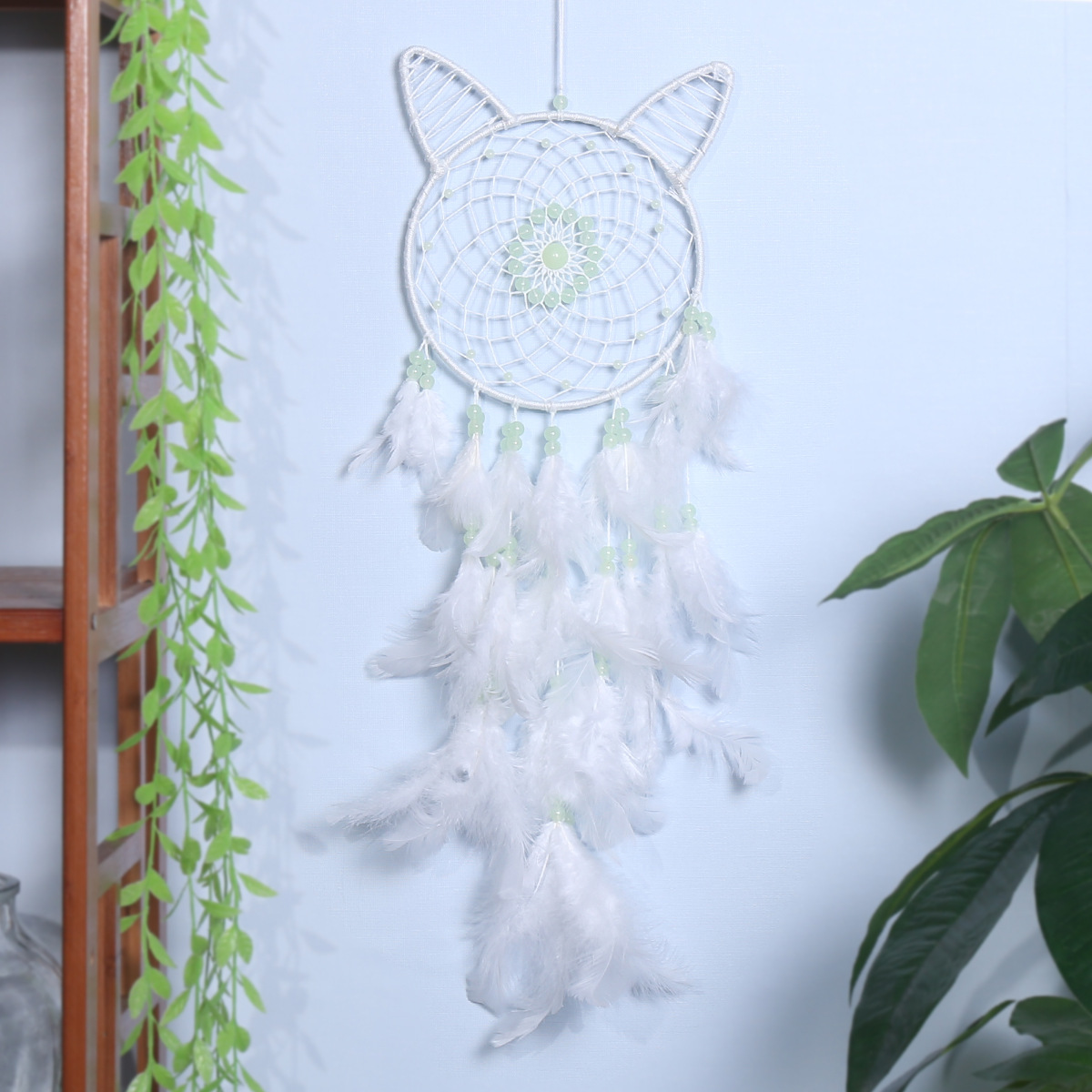 Girlish heart cat-head dreamcatcher, children's room decoration dreamcatcher, luminous cat-head dreamcatcher, white wind chime dreamcatcher details Picture
