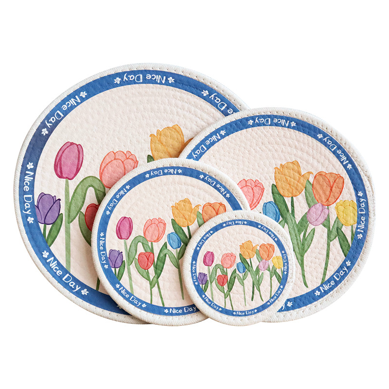 Heat insulation pads, Nordic style tulip print cotton rope heat insulation pads, coasters, Western placemats Application Scenario