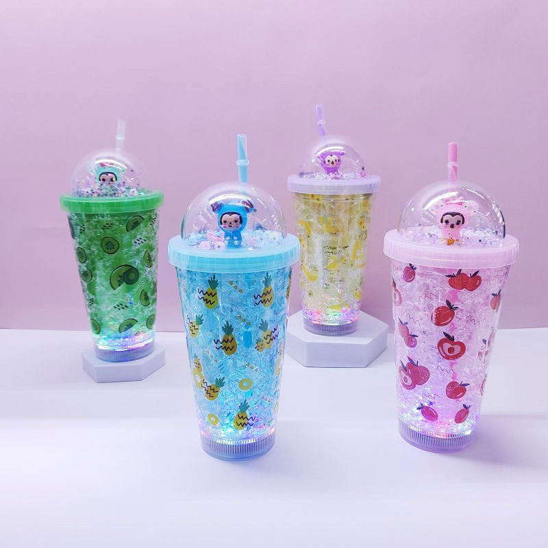 跨境厂家直供双层塑料吸管杯时尚水果女孩冰杯