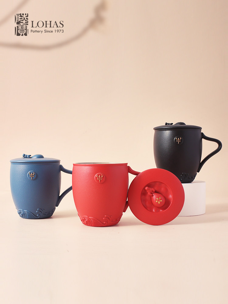 Lubao Flagship Store's Living Water lid cup, office water cup, large-capacity ceramic tea cup, gold-painted ox wealth gift mug Specification image