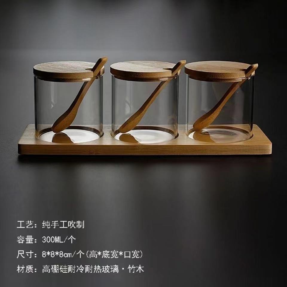 调味罐厨房圆形调味品定制加工竹盖玻璃调味瓶勺盖一体调料瓶套装