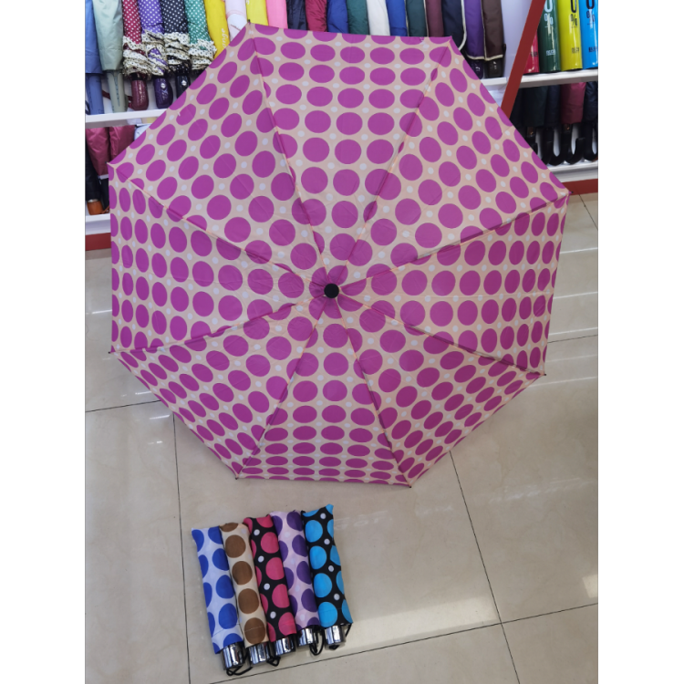 Three-fold hand-opening folding umbrella, impact-resistant fabric, all-weather and all-weather women's umbrella, full-plate printed small dot export umbrella Item Picture