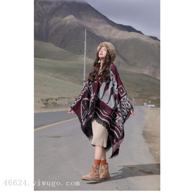 A new cross-border Bohemian ethnic style cape with a hat and slit cape shawl Item Picture