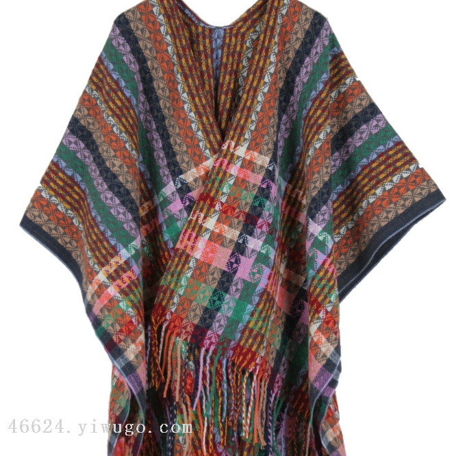 跨境批发电商直播供应链供货民族风斗篷披肩彩条三角提花开叉披肩