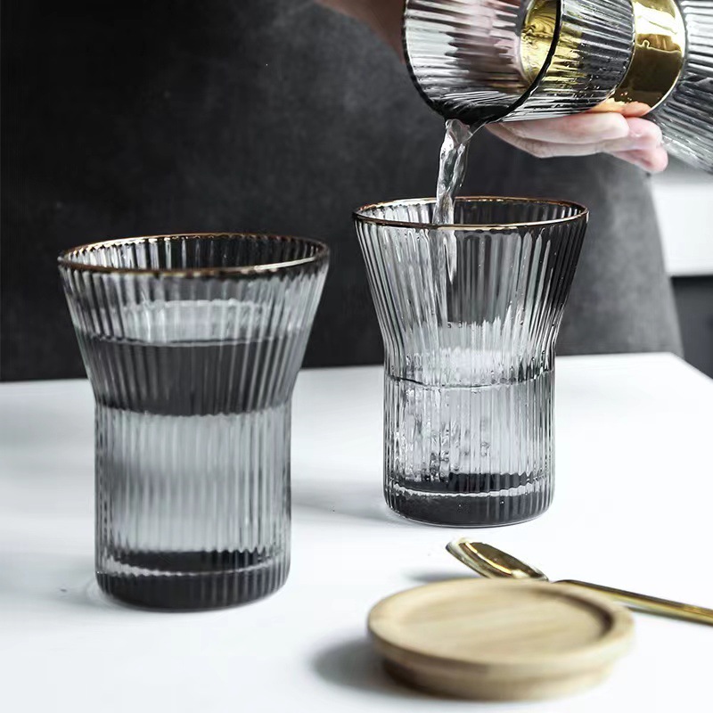 Striped glass cooling water bottle, household living room cooling water bottle, water cup, water ware, high-temperature resistant juice pot, water bottle, pot cup set details Picture