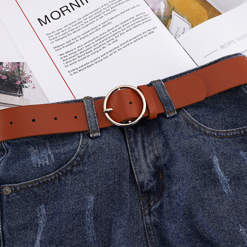 Factory wholesale round buckle belt for women, simple Hong Kong-style PU leather wide Harajuku retro round pin buckle small belt, trendy for girls