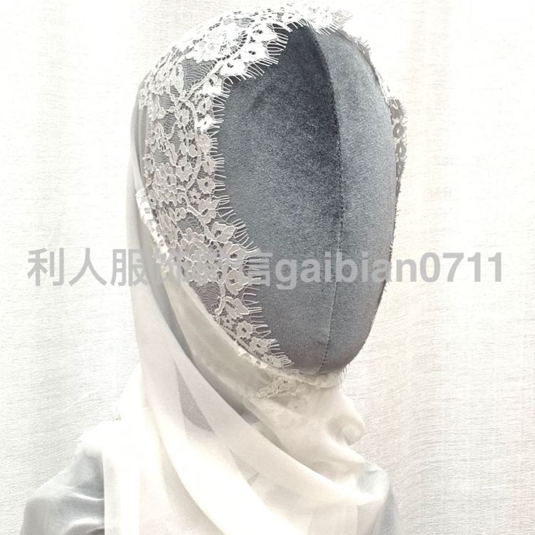 白色雪纺蕾丝长巾 穆斯林头巾 手工花边缝制 时尚精致真丝 丝巾