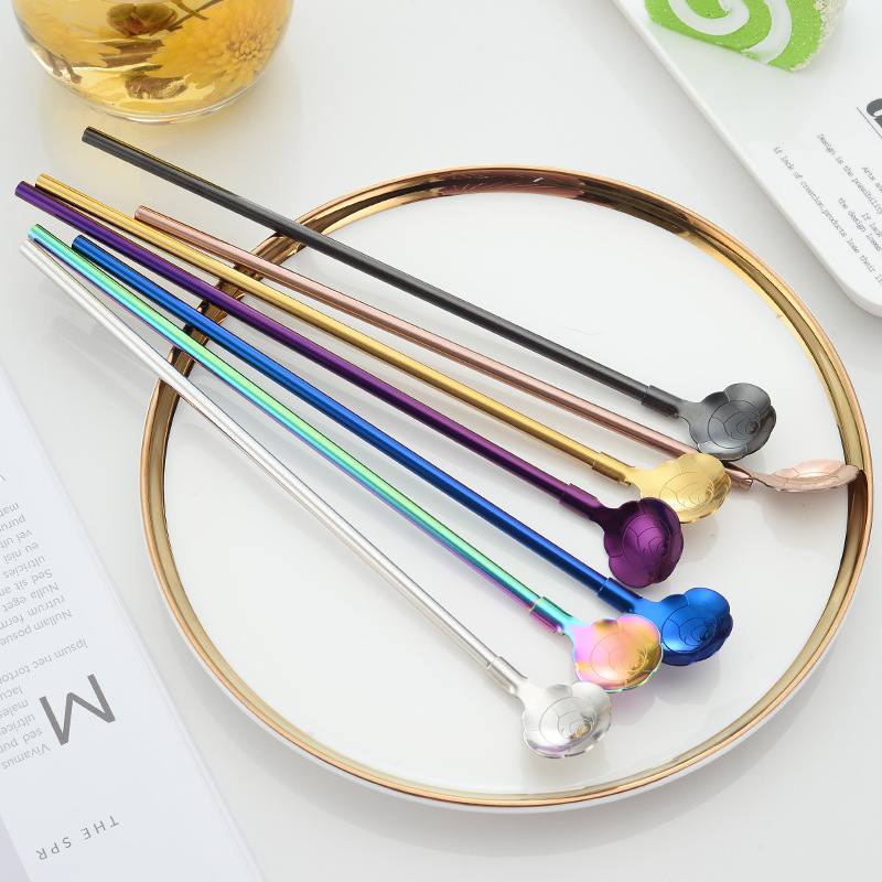 Stainless steel creative flower-shaped straw spoon, summer beverage milk tea stirring straw spoon, dual-purpose wholesale details Picture