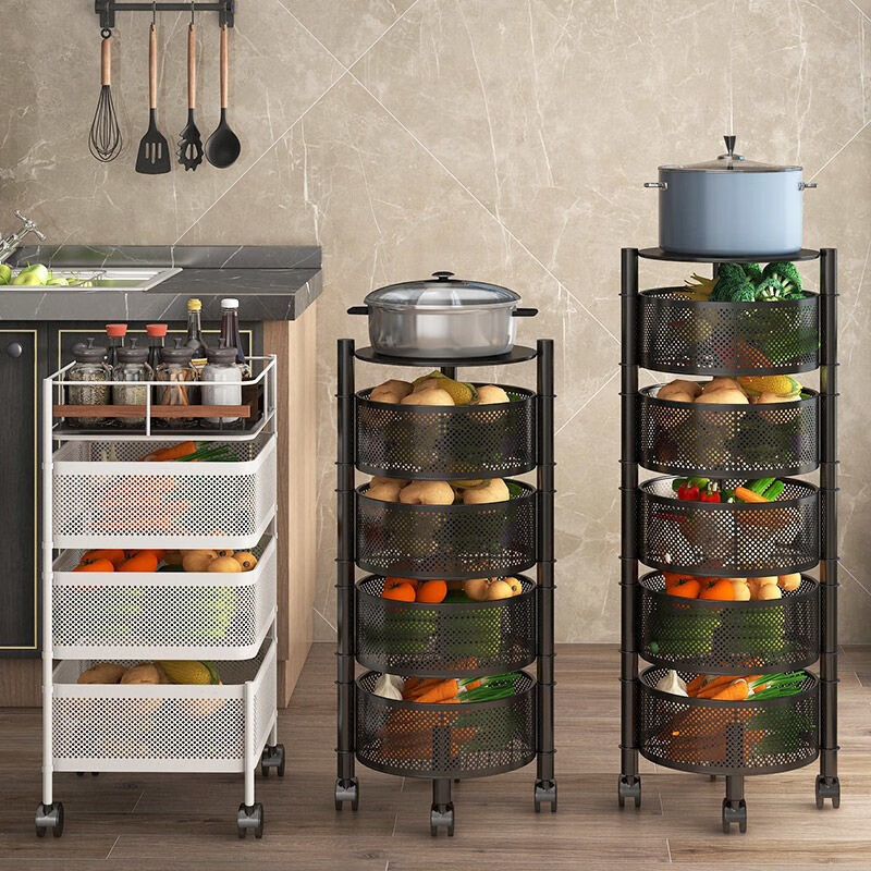 Multi-functional, mobile and rotating net vegetable basket storage rack, modern and simple home organization rack, kitchen corner storage rack