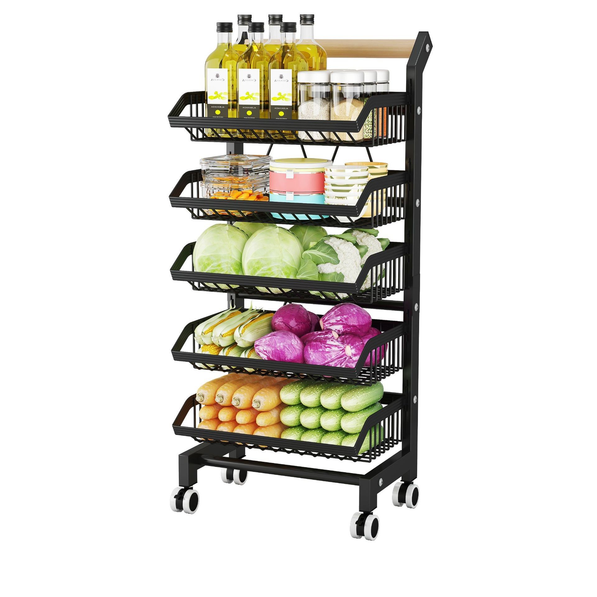 Kitchen fruit and vegetable storage trolley, net basket storage rack, adjustable multi-layer multi-functional large-capacity storage rack Application Scenario