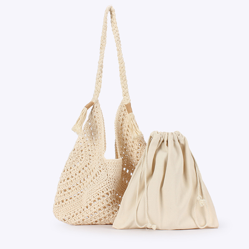Exquisite cotton thread woven bag, hand-woven Maillard niche hollowed-out triangular bag, commuting single-shoulder bag for seaside vacation