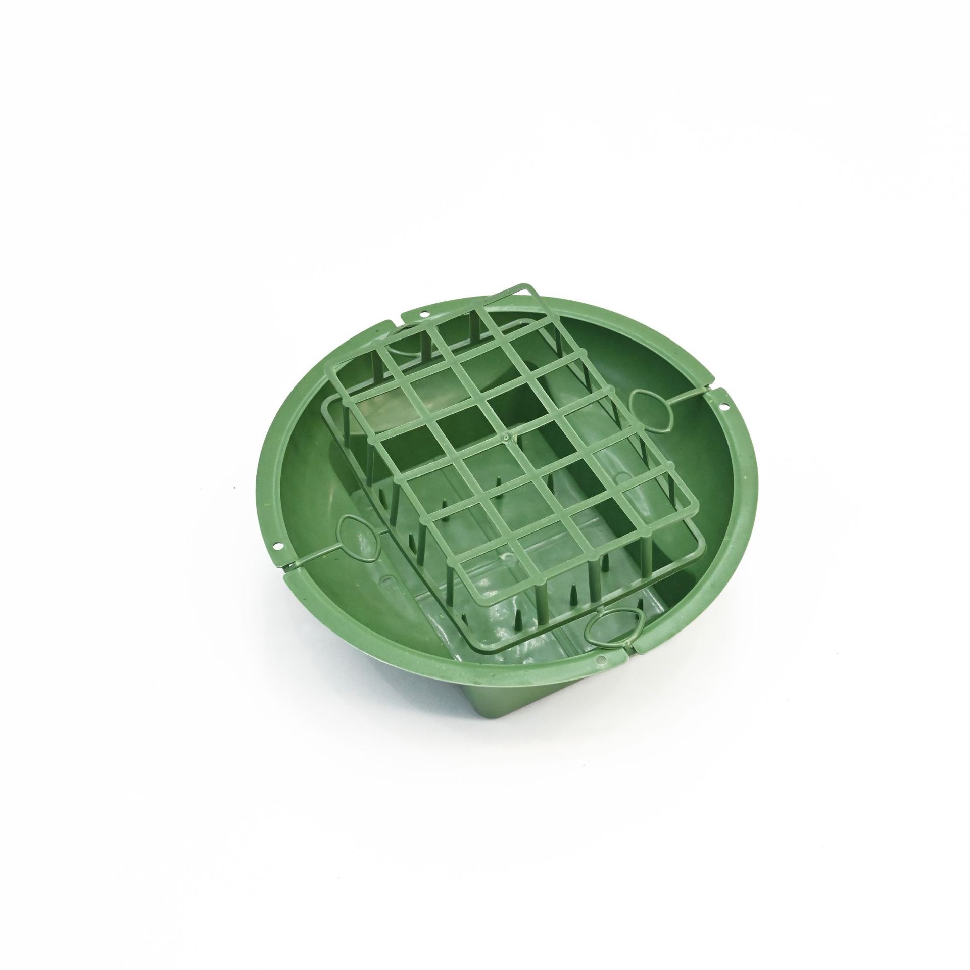 Pequeño disco redondo con barro maceta de plástico verde con barro rejilla para arreglo de flores lavabo con barro details Picture