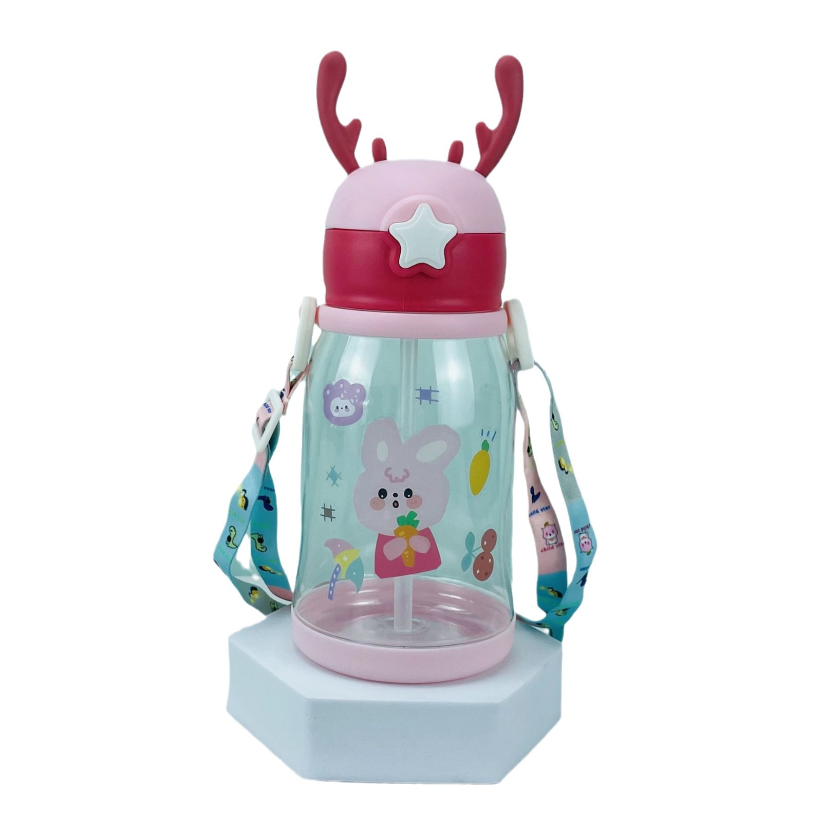 Nuevo influencer dibujos animados copa de agua portátil a prueba de caídas para niños de gran capacidad cuerno de ciervos plástico regalo de estudiante copa de pajita al por mayor Specification image