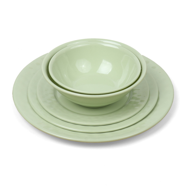Green round melamine tableware, plastic imitation porcelain plates, melamine plates, buffet commercial bowls and plates full figure
