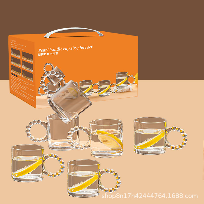 Pearl handle cup six-piece set, vertical patterned transparent cup, glass wine glass with handle, vertical patterned amber glass for home use